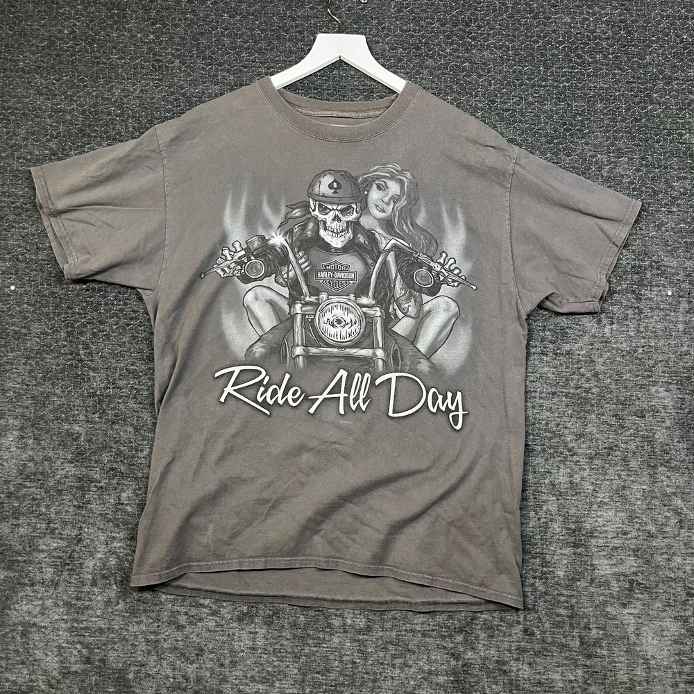 Harley Davidson T-Shirt Men Large Gray Good Ride All Day Skull Biker Vintage